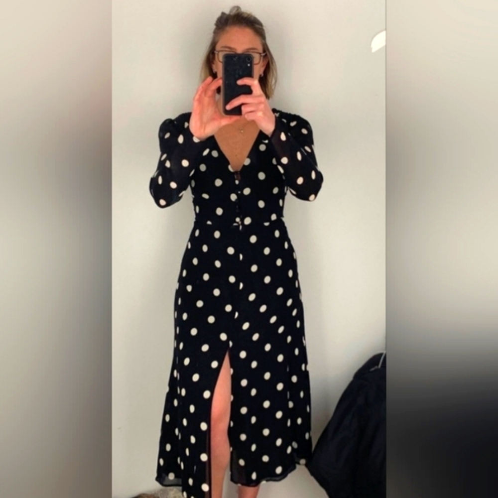 REFORMATION Sz US0-US8 NWT ORCHARD DOT Black Polka Dot Midi Dress Long Sleeve